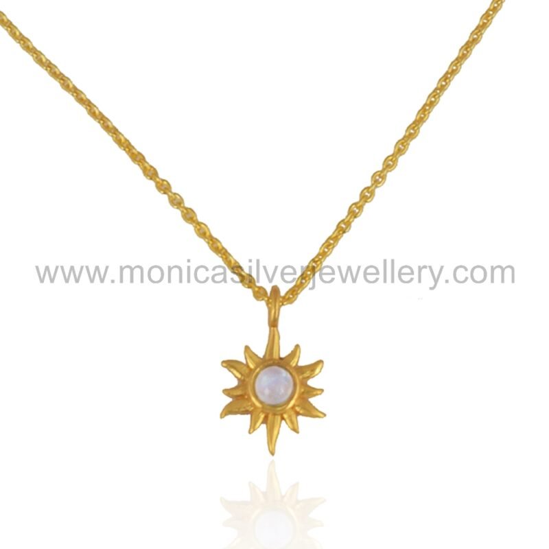 Rainbow Moon Stone Sterling Silver 18K Gold Plated North Star Pendant With Link Chain